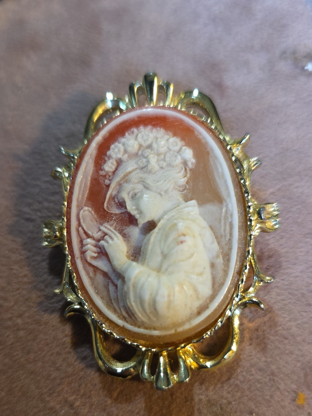 Gold-Tone Orange and Cream Cameo Brooch - Classic Women's Jewelry
